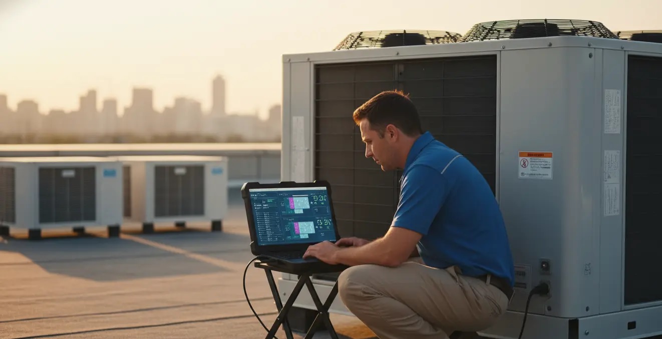 Technician using an electronic diagnostic tool on a control panel