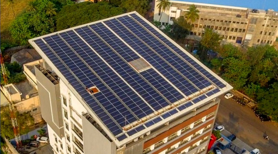 Solar panels on a building rooftop
